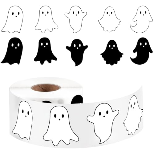 Halloween Stickers Roll Self Adhesive Cute Ghost Stickers Roll 1.4 Inch White and Black Ghost Label Decal for Envelopes Craft Card Seal Gifts Candy Bags Happy Halloween Party Supplies -  Friankeny, NA003