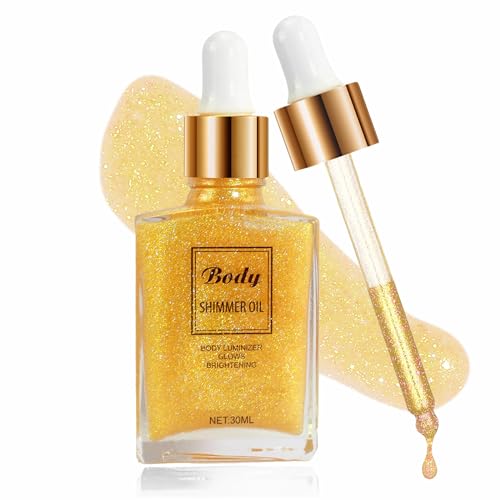 Shimmer Body Oil, Moisturizing Body Glitter Dewy Highlighter Makeup Body Luminizer Drops, Pearl Gold Illuminator Oil Body Shimmer Liquid Face Glow Sparkles Body Oils for Women (#2 Gold, 30ML)