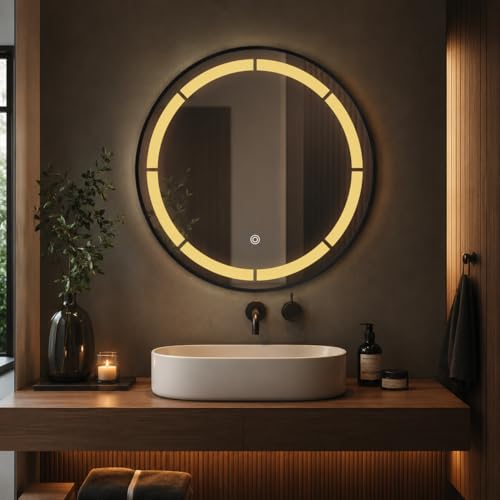 Image of LED Bathroom Wall Mirror with Decorative 3 Light Design | Touch Sensor | Warm | Natural and Cool White | for Wash Basin | Bedroom | Dressing Area Decoration (Round 2nd, 24x24)