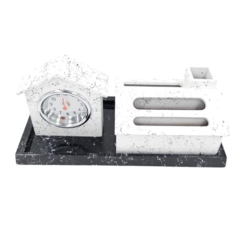 Image of WOOD HOUSE Wooden Pen Stand with Mobile Holder & 100-Year Perpetual Calendar for Office Table | Desk Organizer with New Year 2024 Calendar (White Marble Stand with Clock)