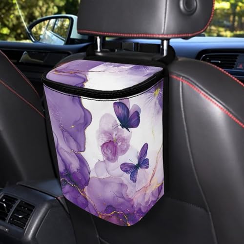 Image of Talayituse Purple Marble Butterfly Print Car Trash Can with Lid, Leak Proof Auto Trash Bag Hanging Vehicle Garbage Can Multipurpose Storage Container for Back Seat Road Trip