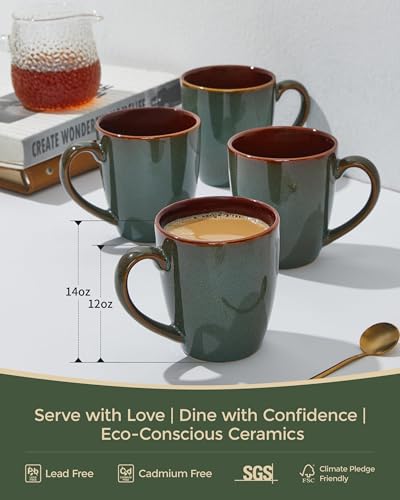 Image of Pokini Coffee Mug 14oz, Coffee Mugs Set of 4, Cups for Latte Tea Cappuccino | Reactive Glaze Coffee Mug Set, Dishwasher & Microwave Safe, Cups Set for Cocoa, Milk, Hot Chocolate or Water, Brown Green
