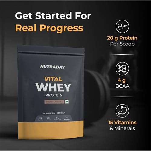 Image of Nutrabay Gold Vital Whey Protein Powder for Beginners with Added Vitamins & Minerals - Muscle Growth & Body Strength - 1kg, Belgian Chocolate | Easy to Digest | 100% Authentic Imported Clean Protein
