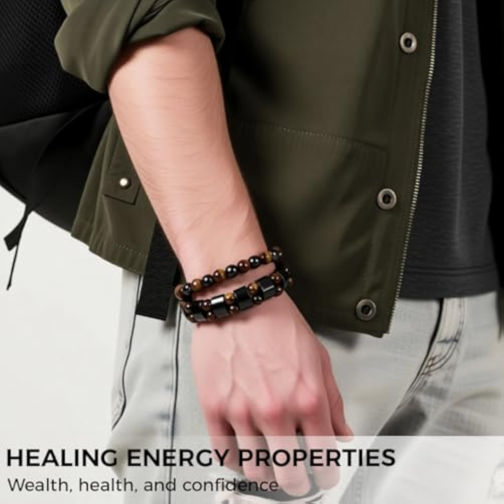 2 Pcs Tiger Eye Glass Bead Bracelets, Obsidian Stone Set