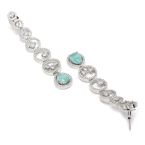 Rhodium-Plated Circular Drop Earrings with American Diamond