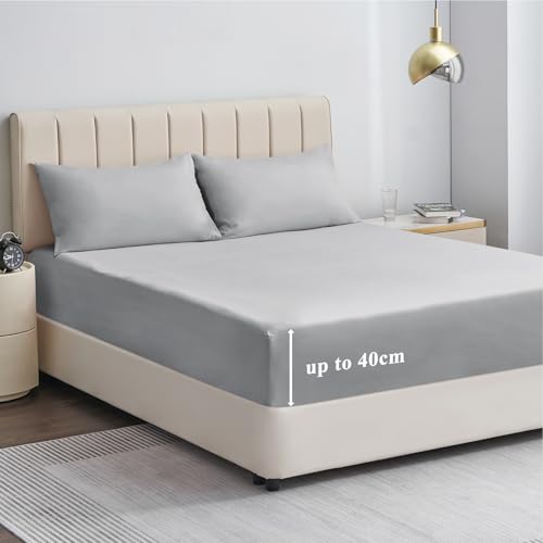 Aisbo King Size Fitted Sheet, Grey, Microfiber, 150x200cm