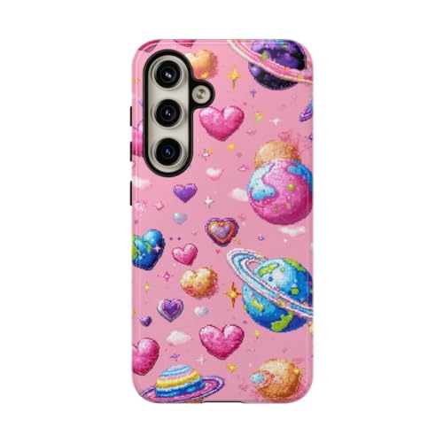 Coque Samsung S24 pixel art rigide brillante motif cœurs espace