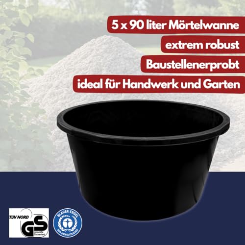 Mörtelkästen 65-90 liter | Mörtelkübel rund oder eckig | Kunstoff-Wannen in Markenqualität | Pflanzkübel für Hochbeet (5 x 90l rund)
