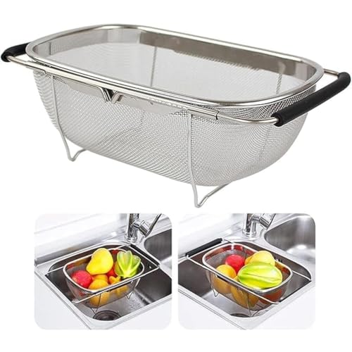 Image of Stainless Steel Oval Fine Mesh Colander Strainer with Rubber Rubber Grip Handle| Multi-Functional Large Over The Sink Basket Expandable Drainer for Rinse Vegetables Fruits (Pack of 1)