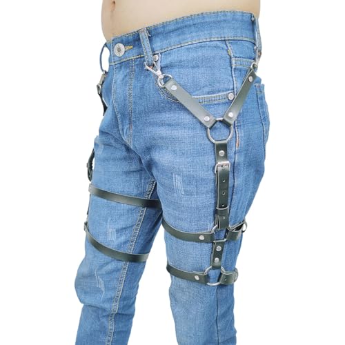Adjustable Black PU Leather Thigh Leg Garter for Men or Women Punk Waist Chains Leg Harness Belt Body Chain Gothic Thigh Harness (with Metal Rings), Mardi Gras Valentine's Day