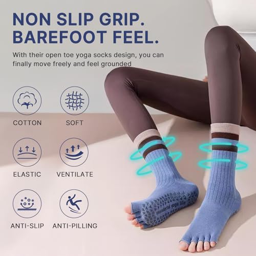 Image of Non Slip Pilates Grip Socks for Women Yoga Barre Knitted Cotton | Full Foot Sticky Silicone,Soft Breathable Comfortable,Durable Washable Anti Skid,Gentle Arch Compression Support