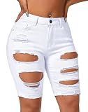 roswear Women's Ripped Denim Mid Rise Stretchy Bermuda Shorts Jeans White XL