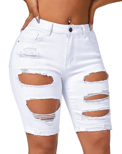 roswear Women's Ripped Denim Mid Rise Stretchy Bermuda Shorts Jeans White Large