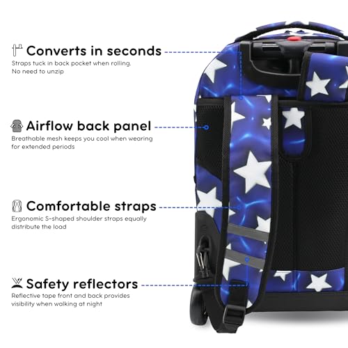 Image of J World Sunrise Kids Rolling Backpack with Wheels for Girls Boys, Roller Bookbag for School, 18 x 13 x 9 Inches, Puffy Star