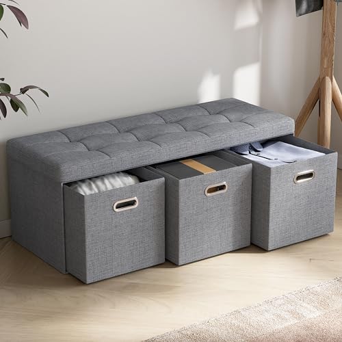 Image of Ornavo Home Storage Ottoman with 3 Drawers, 40 Inches Long Foldable Tufted Linen Large Bench Ottoman with Storage, Foot Rest Stool Seat, for Living Room, Bedroom, Entryway, Gray