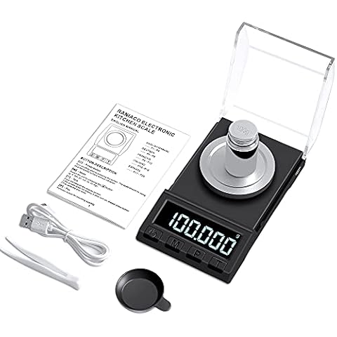 Raniaco precision kitchen scale 0.001g, 100g / 0.001g, USB charged Pocket Scale, Jewelry Scale with LCD Display, Tweezers, 100g Counterweight and Weighing Platform for Powder and Liquid Cover