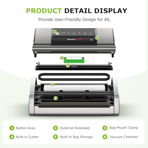 Image of Bonsenkitchen Vacuum Sealer for Food, Easy-Lock Handle Vacuum Sealer Machine with Bag Clip, Built-in Cutter and Bag Storage for Sous Vide and Meal Prep, 1 Roll Bag & 10 Pre-Cut Bags, Silver