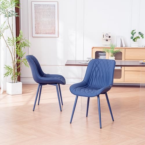 Image of YOUNIKE Dining Chairs Set of 2 Kitchen & Dining Room Chairs Modern Blue | Faux leather waterproof, comfortable accent side chairs with upholstered back and metal legs, easy to clean assemble; 300lb