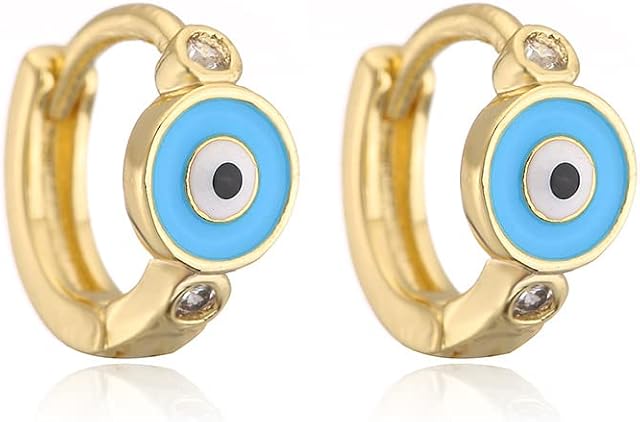 Blue Turkey Evil Eye Small Hoop Earring for Women Girls Gold Plated Charm Cubic Zirconia Cartilage Mini Tiny Round Huggie Ear Cuff Protection Lucky Eternity Engagement Jewelry Fashion Gifts Birthday