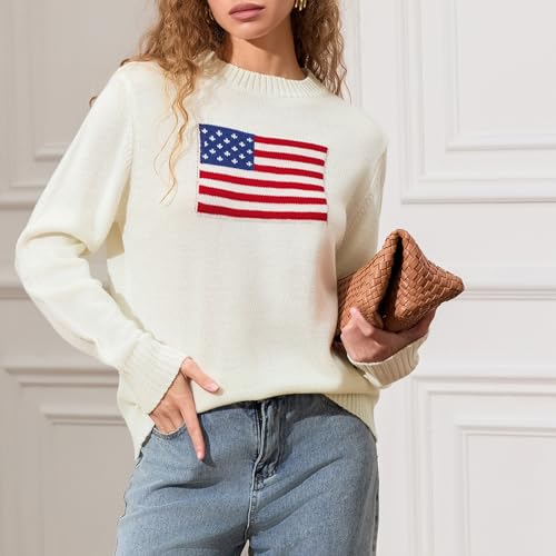 Image of Womens American Flag Sweater Long Sleeve Crew Neck Star Graphic Knit Pullover Tops Casual Loose USA Sweater