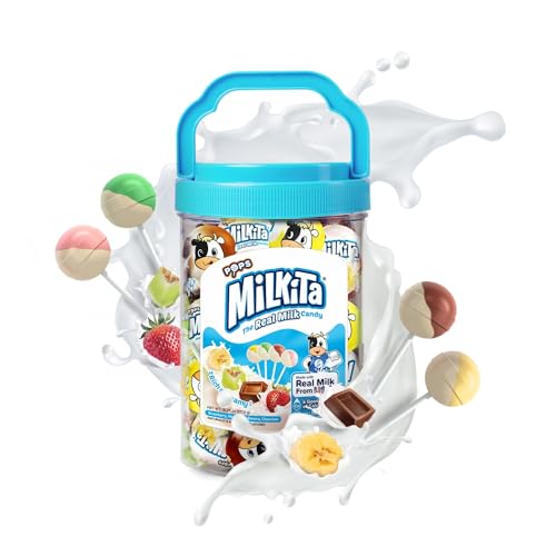 Milkita The Real Milk Candy Lollipop Jar – Low-Sugar, Assorted Healthy Sweets with Real Milk for Kids & Adults – Fat Free & Gluten Free Candy with Calcium for Everyday Indulgence (45 Count Jar)