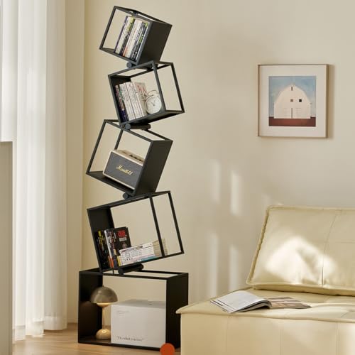 BUZUEY Geometric Bookshelf,5-Tier Unique Bookcase,72.8' Tall Black Modern Book Shelf,Corner Storage Shelves for CDs/Books/Home Decor,Vertical Bookshelf Book Tower for Living Room, Bedroom