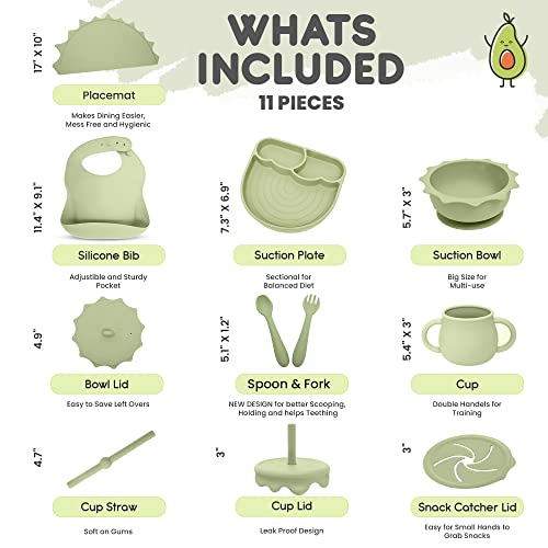 Baby Pastels - Baby Feeding Set - Baby Led Weaning Supplies - Silicone Suction Utensils/Cutlery/Dishes/Dinnerware For 6-36 Months - Bowl, Plate, Spoon Fork, Bib, Placemat, Cup 11 Pieces (Pastel Green) #TOP1