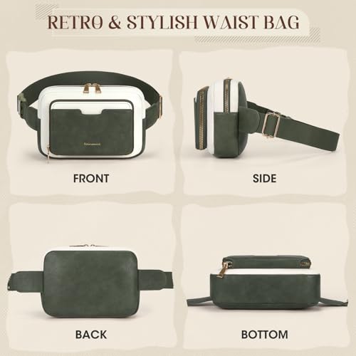 Image of RAINSMORE Fanny Packs for Women, Leather Belt Bag Waterproof Everywhere Crossbody Waist Pack with Adjustable Strap Retro Sling Chest Bag for Work Running Travel Party, Dark Green with White