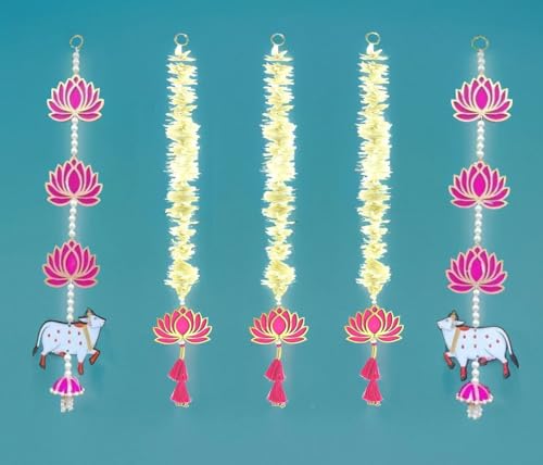 BENAVJI Handmade Artificial Flower Garland with Lotus & Cow Hanging for Decoration ? White & Pink Wall Hanging Toran for Pooja Room, Diwali, Home Temple, Wedding & Festival Decor (Set of 5) - Image 4 thumbnail