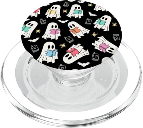 Cute Ghost Reading Books Retro Groovy Spooky Black Pattern PopSockets PopGrip for MagSafe
