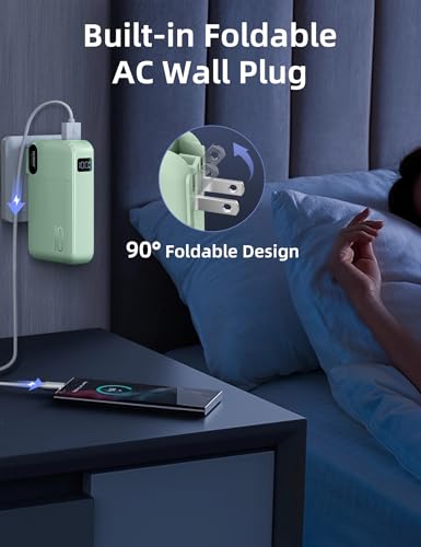 Image of RORRY Portable Charger w /Wall Plug 10000mAh Power Bank 22.5W Battery Pack | Built in Cables, Fast Charging, for iPhone, iPad, Samsung Galaxy, Pixel, LG, Travel Essential, Digital Display, Pocket Size