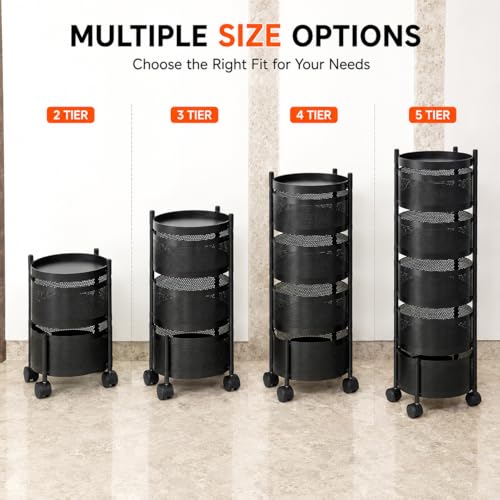 Image of Homeor 5 Layer Kitchen Trolley with Wheels | 360 Rotating Metal Storage Rack for Vegetables, Fruits, Onion & Spices | Square Multipurpose Kitchen Organizer Stand | Metal Kitchen Trolley, Matte Black