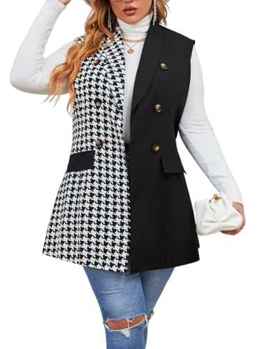Floerns Women's Plus Size Houndstooth Print Colorblock Shawl Collar Vest Blazer