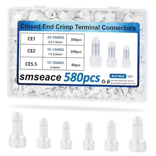 smseace 580Pcs Closed End Crimp Terminal 22-16,16-14,12-10AWG Wire End Caps Nylon Closed End Wire Connectors for Car,Audio,Electrical Equipment