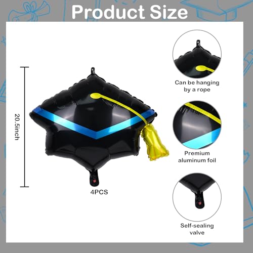 Image of Graduation Cap Balloons, Congrats Balloon for Graduation Decorations 4 Pcs Black Gold 2026 Grad Hat Foil Mylar Balloon for High School College Class of 2026 Congratulations Graduate Party Decoration