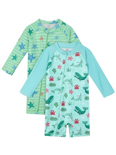 Image of AlisOker 2 Pack Baby Toddler Boys Swimsuits UPF 50+ Sun Protection Long-Sleeve Rash Guards Baby Dry Fit Bathing Suit with Zip