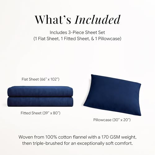 Image of Tribeca Living Triple Brushed Soft Cotton Flannel Sheets Set, Twin XL Size 170-GSM Weight Extra Deep Pocket Sheet in Solid Dark Blue Color