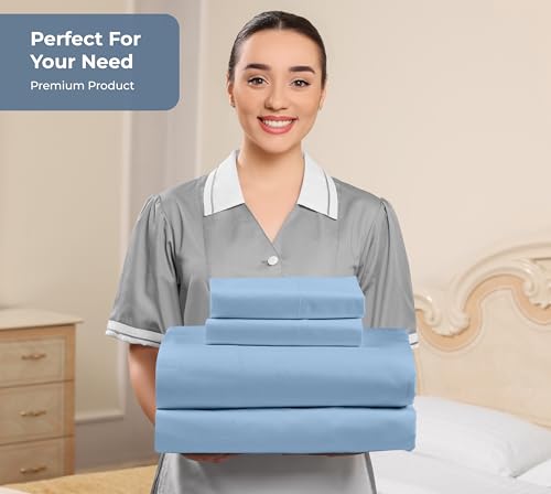Image of ROYALE LINENS 100% Organic Cotton Full Sheet Set - Percale Weave - 4 Pieces Set - 1 Flat, 1 Deep Pocket Fitted Sheet and 2 Pillowcases - Lake Blue Bed Sheets - Sabanas Full - Crisp Cool (Lake Blue)