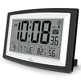 WallarGe Atomic Clock with Indoor Temperature and Humidity, 12.5 Inch Self-Setting Digital Wall Clock or Desk Clock, Battery Operated Digital Clock Large Display for Seniors, Auto DST