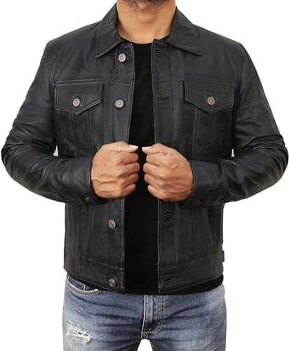 Button Down Leather Jacket for Men | Trucker Black - XS at Amazon