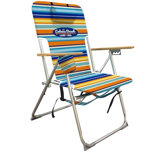 Cabana Beach Folding Beach Chair, 4 Position Portable Backpack Foldable Camping Accessories with Headrest, Cup Holder, and Wooden Armrests, Bold Candy Stripe