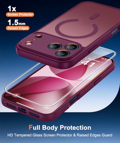 Image of FNTCASE for iPhone 17 Pro Case: Translucent Wine Red Slim Cases Compatible with MagSafe, Full Camera Protection & Tempered Glass Protector, 14FT Military Grade Drop Tested, Matte Skin-Friendly