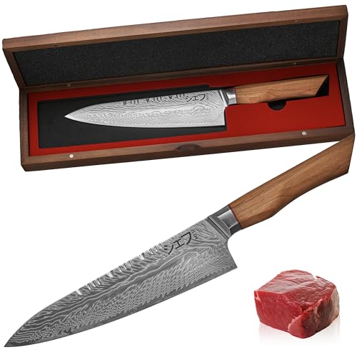 MEG Cuchillo Chef Gyuto Japones, Damasco de 73 capas con patrón pluma – Acero Alto Carbono, Filo en V Profesional, Mango de madera de olivo y Caja de Madera de Acacia – Cuchillo de Cocina Premium