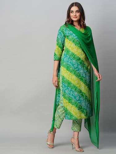 Image of GoSriKi Women's Cotton Blend Printed Straight Kurta with Pant & Dupatta