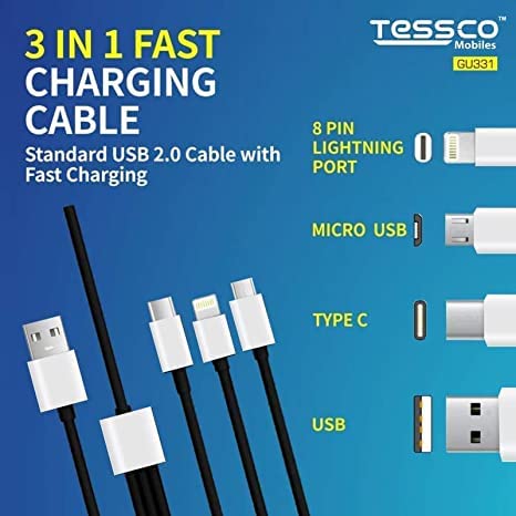 Image of (Tessco GU-331) 3 in 1 USB Cable for Type-C, Micro USB, for All Smartphones, Tablet with Rapid Charging Support (1M, Black)