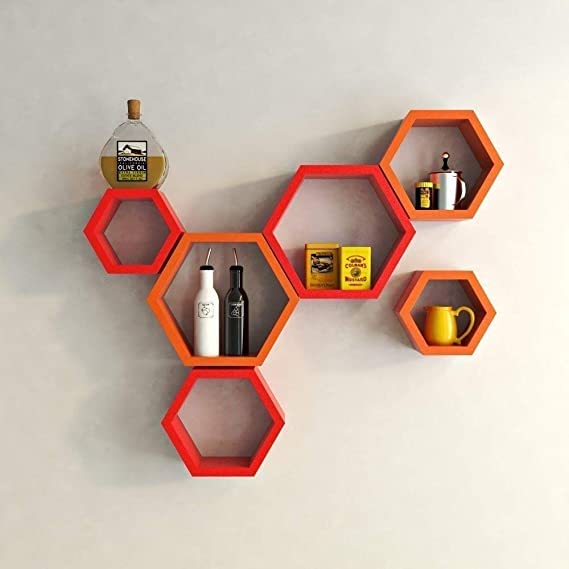 CMHWC Wooden Wall Shelf Hexagon Shape Shelf Wall Décor Livingroom