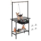 Dog Grooming Table with Drawers and Mesh Tray,32 Inch Adjustable Pet Grooming Table with Non-slip Removable Washable Mat and EVA Protective Lanyard ,Professional Grooming Table for small Dogs at Home