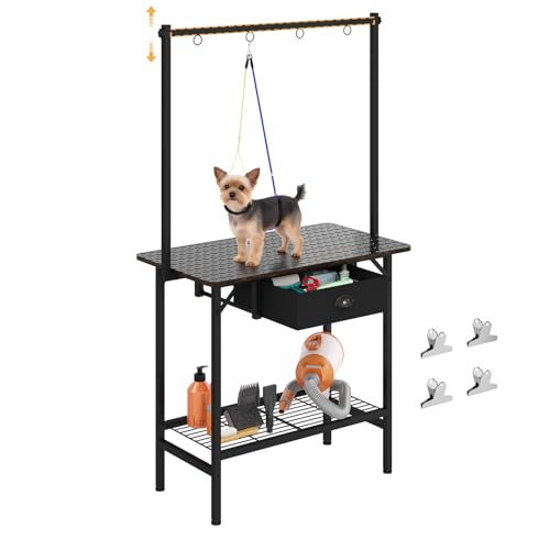 Dog Grooming Table with Drawers and Mesh Tray 32 Inch Adjustable Pet Grooming Table with Non-slip Removable Washable Mat and EVA Protective Lanyard Professional Grooming Table for small Dogs at Home