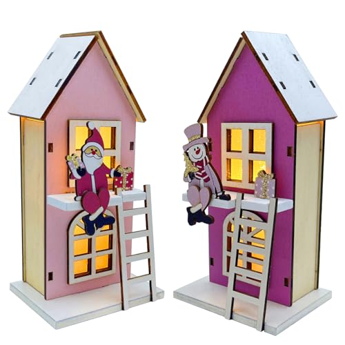 Bseical 2 Piezas Pueblo NavideñO Madera, Pueblo Navidad con Led Luz, Casitas De Navidad Decoracion, Casitas Led Navidad, Casita De Madera Miniatura, Adornos Navidad Casa, Pilas Incluidas