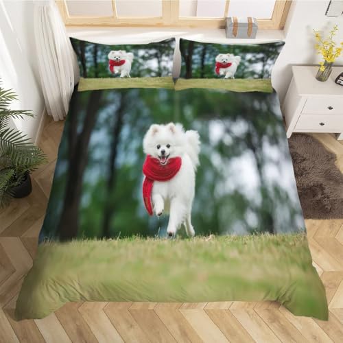 Housse de couette 220x240 Poméranien avec 2 taies d'oreiller microfibre